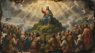 Jezus z aureolą siedzi na zielonym wzgórzu i błogosławi klęczące tłumy słuchaczy w szatach