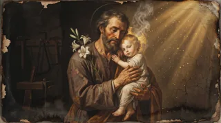 Devotional painting of St Joseph haloed, holding a lily and the Christ Child, carpentry tools behind in golden light