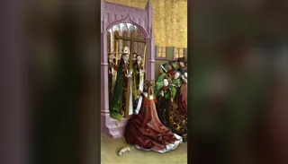 Un évêque et le clergé présentent la sainte Croix, vénérée à genoux par l'empereur Constantin et sainte Hélène