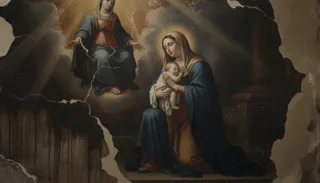 A haloed veiled woman cradles a sleeping infant as an enthroned figure above extends a hand amid light beams