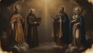 Tłum świętych w szatach z aureolami skupionych wokół odległej tronującej postaci jaśniejącej blaskiem