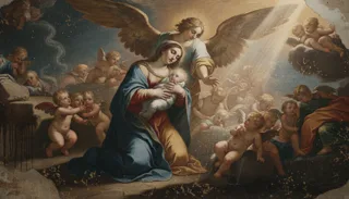 Klęcząca kobieta w błękicie i czerwieni tuli niemowlę, otaczają ją skrzydlaty anioł i liczne cherubiny