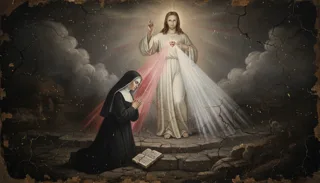 St Faustina depicted as a haloed white-robed figure blessing, red and pale rays streaming from his chest amid rising mist
