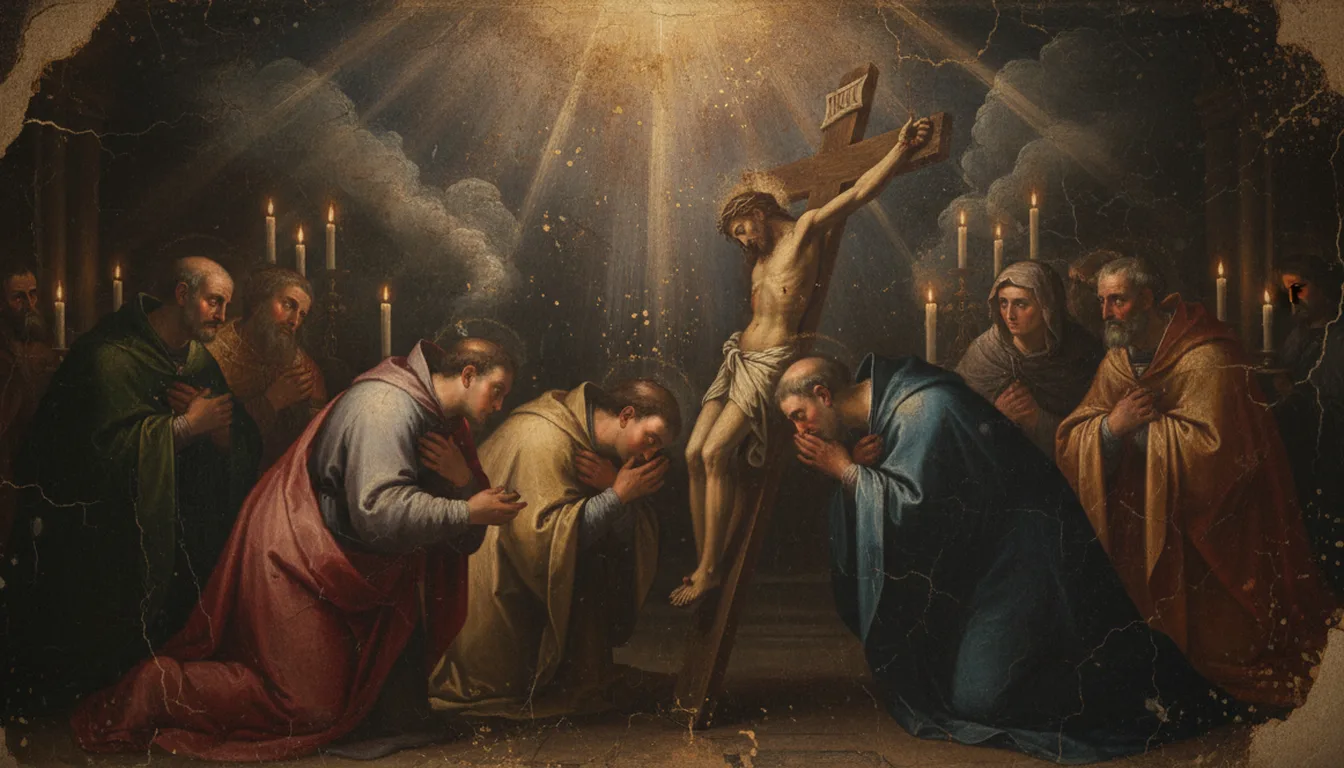 A small group of robed faithful kneeling to kiss the wounds of a crucifix held before them on Good Friday