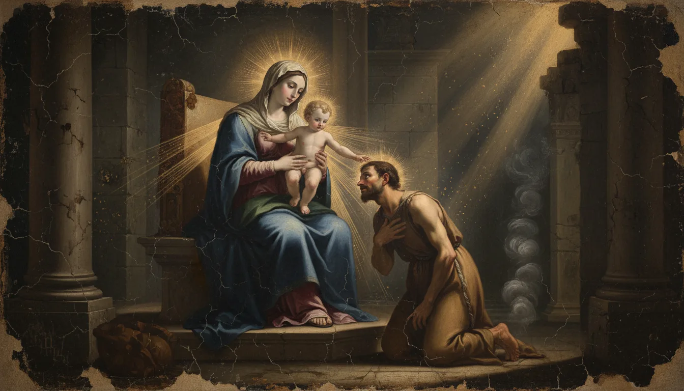 The seated veiled Virgin holding the Child, who reaches to touch a kneeling sick man