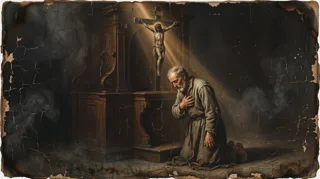 An old bearded man kneeling with his hand on his chest before a wooden altar bearing a crucifix, smoke rising