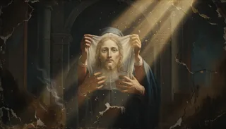 A figure holds up a cloth bearing the imprinted face of a bearded man as sunbeams stream down in an arched interior