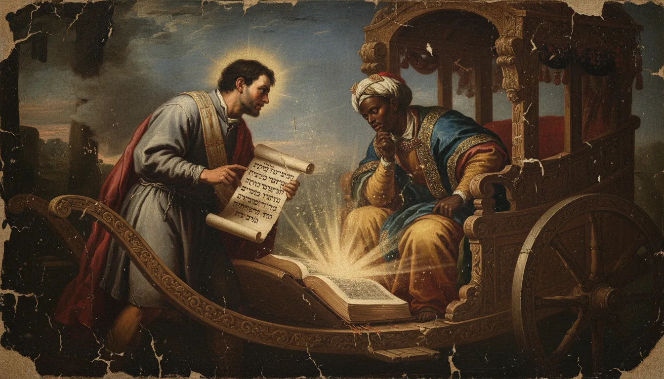 O diácono Filipe explica a Escritura ao eunuco etíope sentado numa carruagem, sob a luz divina