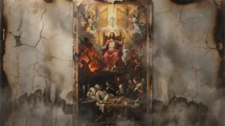 Eine thronende Gestalt über Flammen mit Engeln, darunter Trauernde um einen Leichnam, auf rissigem Putz