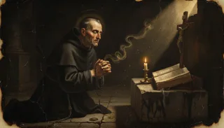 A haloed monk in a dark habit kneels at prayer, rosary in hand, before a lit candle, an open book, and a wooden crucifix