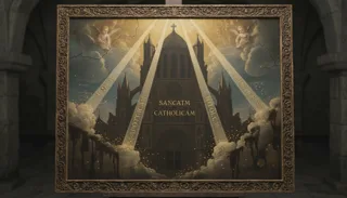 A Gothic cathedral facade with light rays, cherubs and clouds bearing the Latin words SANCTAM CATHOLICAM