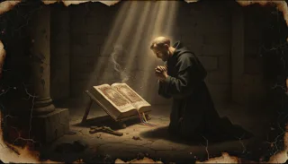 A monk in a black robe kneels in prayer before an illuminated open book on a stand, a sunbeam falling across stone walls