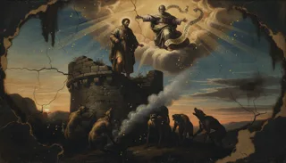 Figura encapuchada arrodillada en oración a la orilla rocosa de un lago, con rayos de luz atravesando las nubes