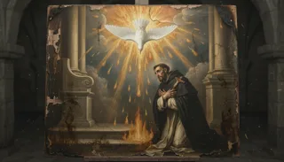 A tonsured monk kneeling with arms crossed before a radiant descending dove and flames among stone columns