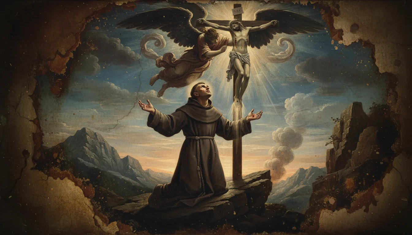 St Francis kneeling on a lonely mountain as a six-winged seraph bearing the Crucified appears above him