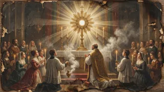 Fieles arrodillados y clero con incienso adoran ante una custodia dorada que irradia luz sobre el altar