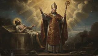 Zawoalowana kobieta w błękitnym płaszczu podaje Dzieciątko Jezus św. Stanisławowi w czarnej sutannie pośród obłoków i światła