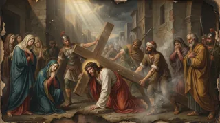 Der dornengekrönte Christus fällt unter dem Kreuz auf einer Steinstraße, ein Soldat, Trauernde und spottende Zuschauer