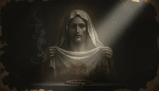 A frontal veiled Holy Face holding a cloth, incense smoke rising, with a rosary resting on the table below
