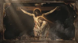 Chrystus ukrzyżowany na krzyżu, klęcząca kobieta w bieli obejmuje jego stopy, w tle promienie światła