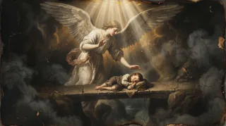 Anjo da guarda velando duas crianças que dormem sobre uma tábua, feixe de luz rompendo as nuvens