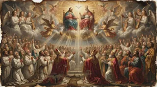 Thanksgiving in glory: two enthroned figures with a dove above crowds of robed saints, harp-bearing angels and mitred bishops