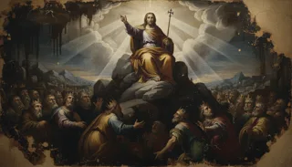 Psaume du Christ-Roi : deux groupes de figures en robe jouant trompettes, harpes et cymbales devant un autel doré rayonnant