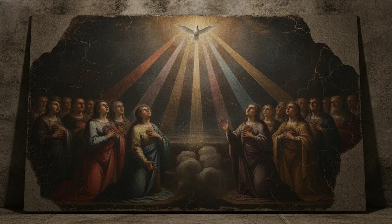 La colomba dello Spirito Santo irradia sette raggi di luce, simbolo dei sette doni, verso i cuori aperti