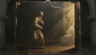 A barefoot robed friar gazes upward toward a shaft of light and cloud, the scene shown on an easel