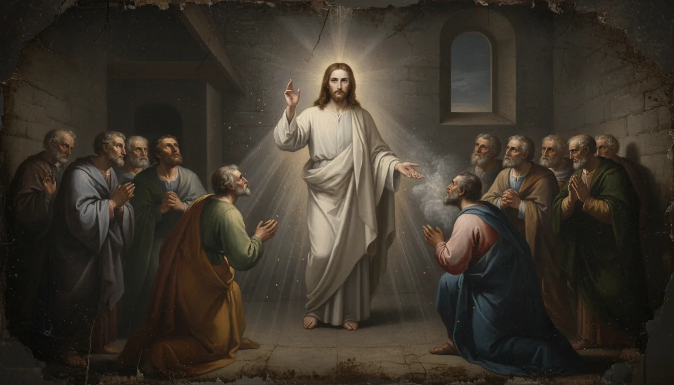The risen Christ breathing on the gathered Apostles, giving the power to forgive sins
