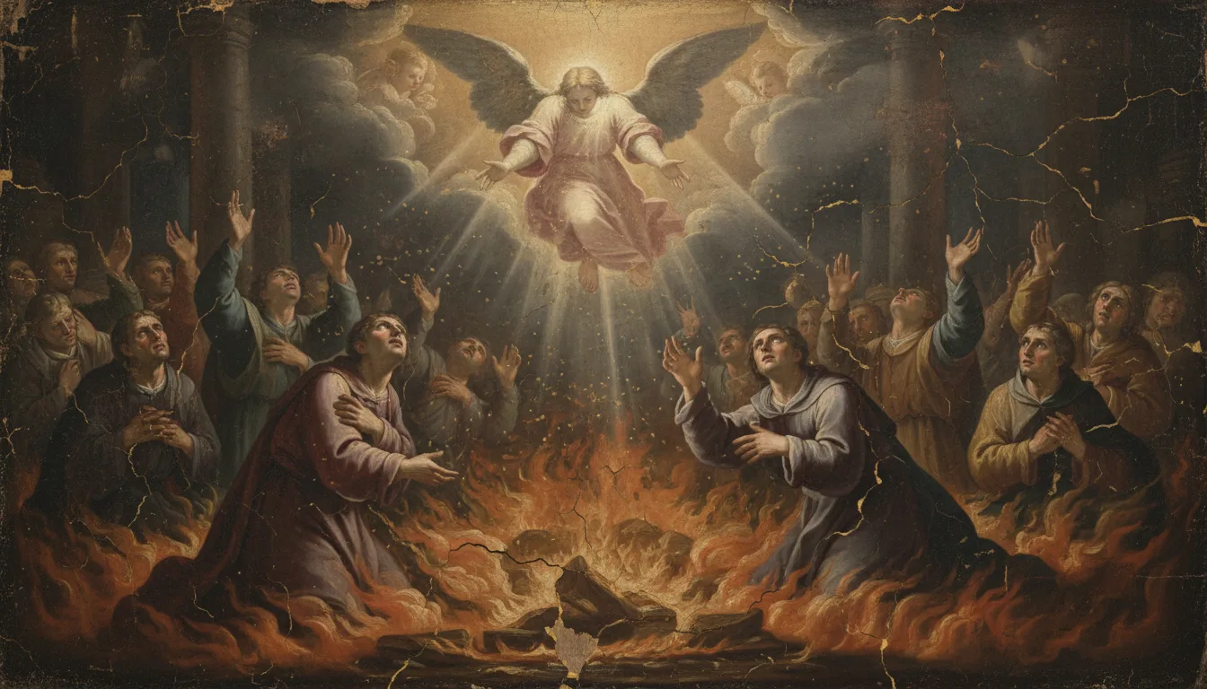 Le anime del purgatorio alzano le braccia tra le fiamme mentre un angelo scende a soccorrerle con la luce