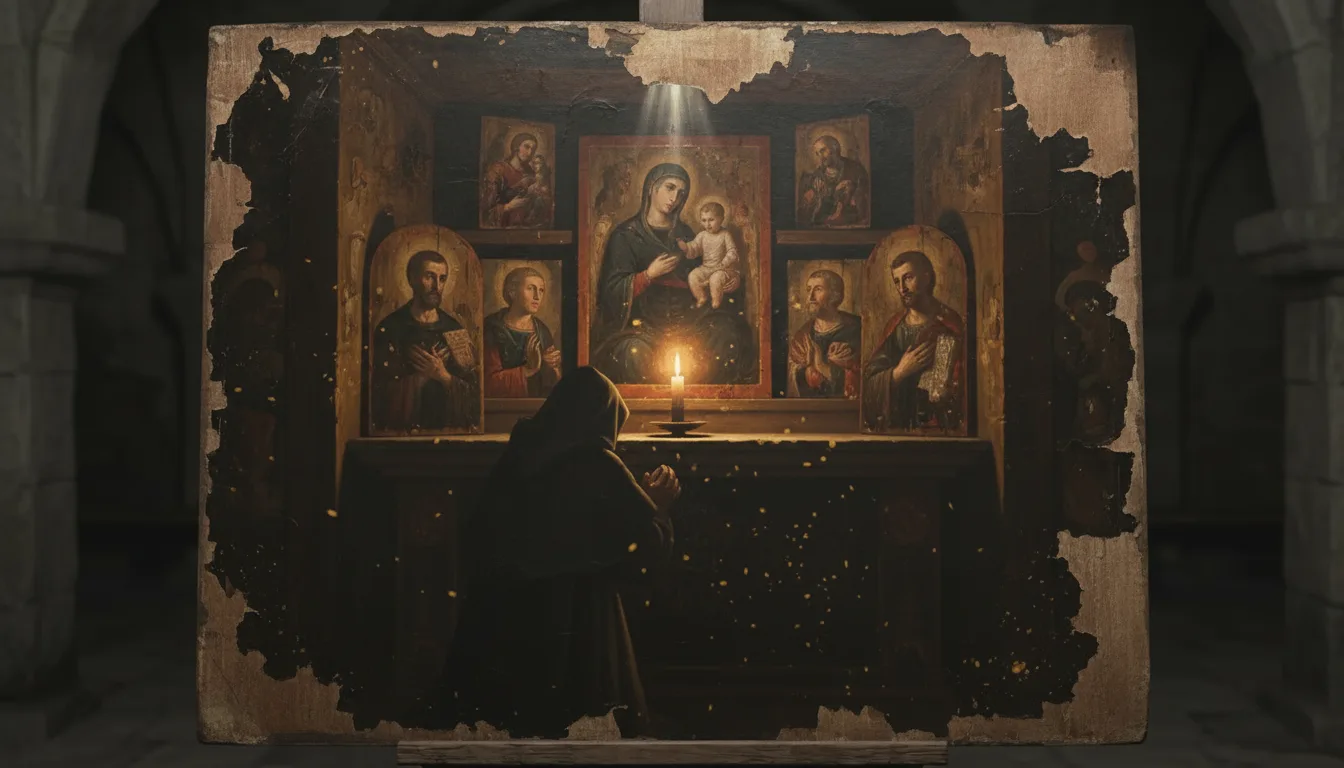 Estampas e imágenes de santos alumbradas por una vela en un altar doméstico