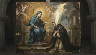 An enthroned veiled Virgin hands a rosary to a kneeling friar, cherubs and a radiant figure above