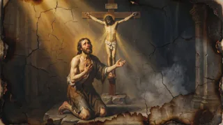 A bare-chested man kneels reaching toward a glowing crucifix on a stone platform amid rays of light, sorrowing for sin