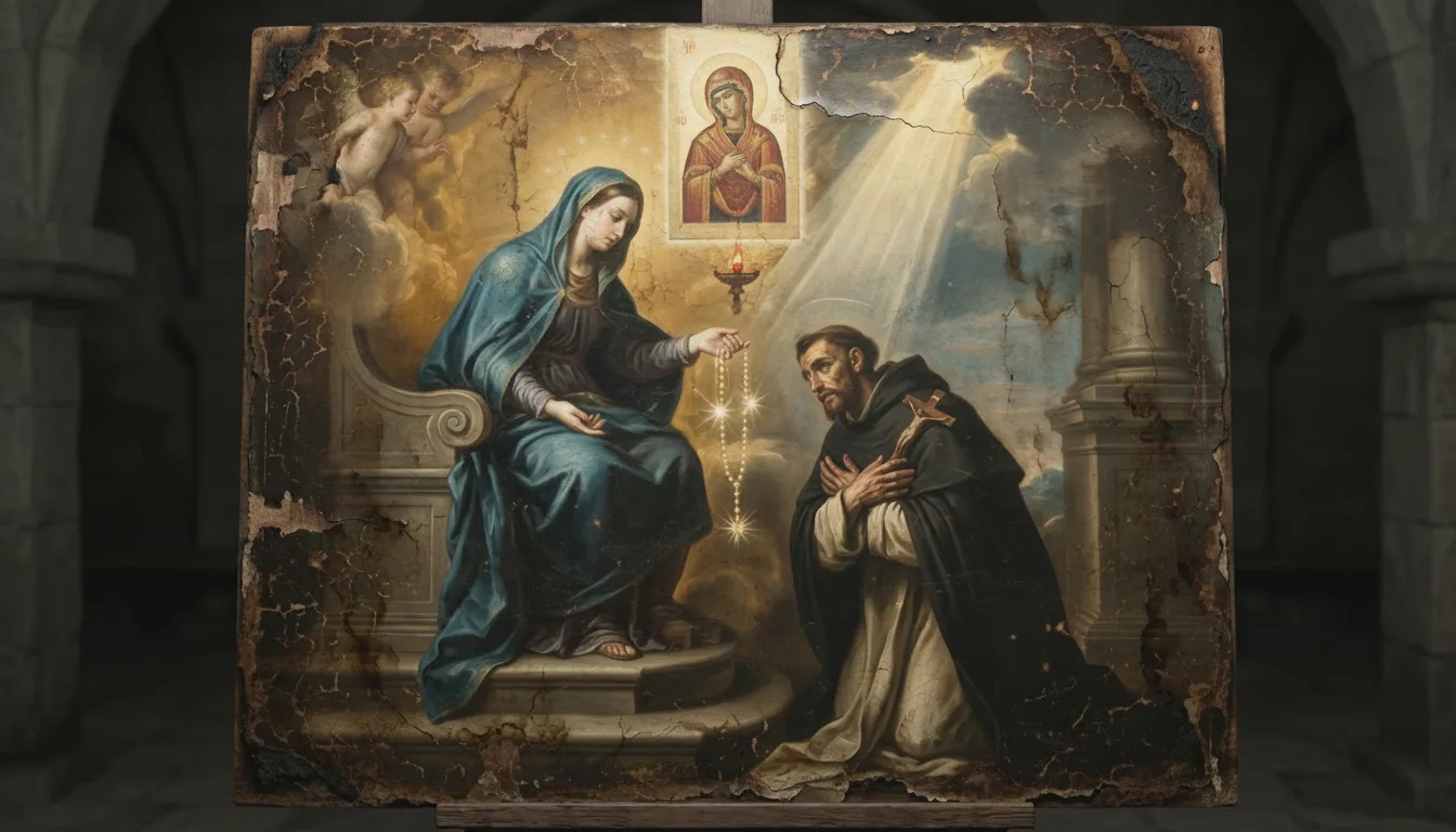 Un fidèle agenouillé en prière confiante devant la sainte icône de Notre-Dame du Perpétuel Secours