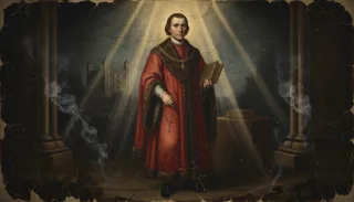 St Thomas More as a standing man in a red robe holding a book, a castle behind him and smoky columns flanking him