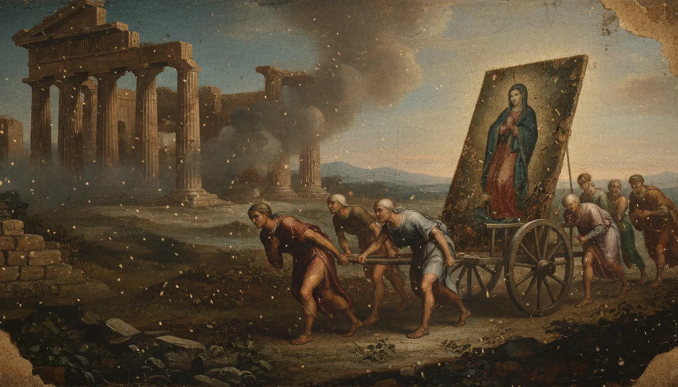 Un piccolo gruppo di contadini poveri trasporta su un carretto una vecchia tela della Vergine attraverso le campagne abbandonate di Pompei