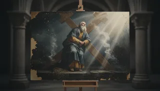 St Andrew the Apostle, a bearded old man seated against a large wooden cross amid light beams and rising smoke