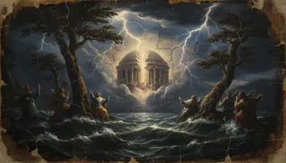 Personnage en robe agenouillé sur une colline, bras levés vers des nuées rayonnantes surplombant un vaste paysage