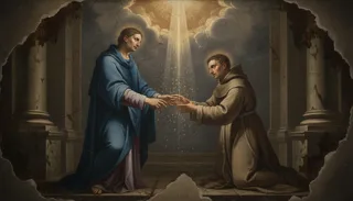A blue-robed haloed figure and a brown-habited friar kneel and join hands amid falling golden sparkles