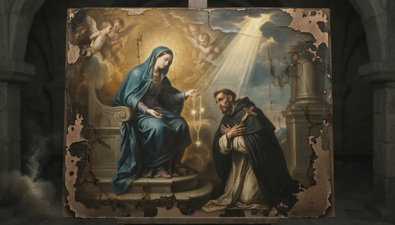 Santa Caterina da Siena in veste domenicana intercede in preghiera davanti al trono della Vergine del Rosario
