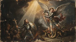 A winged armoured angel wields a sword over a serpentine dragon beside a kneeling knight holding shield and crucifix