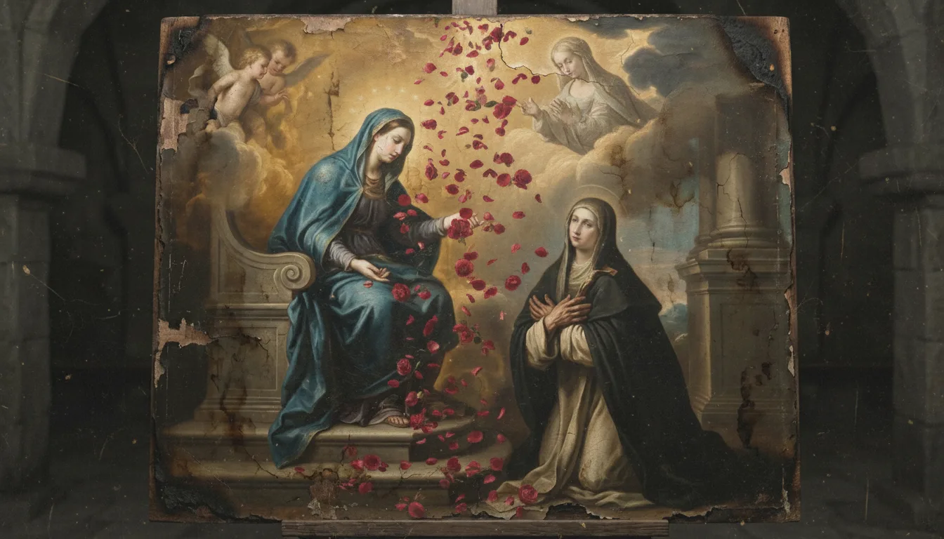 Una pioggia di rose cade dai cieli aperti sulla terra come segno delle grazie ottenute per intercessione