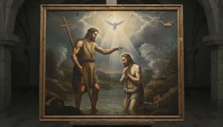 St John the Baptist as a fur-clad man pouring water over a kneeling figure in a river, the dove descending above