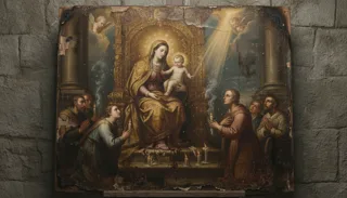 Nossa Senhora de Nazaré entronizada em painel dourado com o Menino, fiéis ajoelhados e velas ao redor