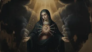 The veiled Virgin in a dark robe opens her arms, a flaming heart pierced by seven swords on her chest amid rays