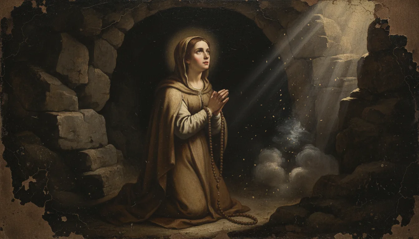 St Bernadette kneeling in prayer with the Rosary before the grotto