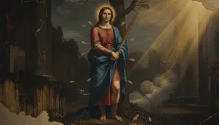 São Sebastião, jovem de auréola segurando uma palma, trespassado por flechas, junto a uma árvore em meio a ruínas