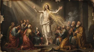 A haloed white-robed Christ raises his arms among kneeling, praying bearded men and a woman
