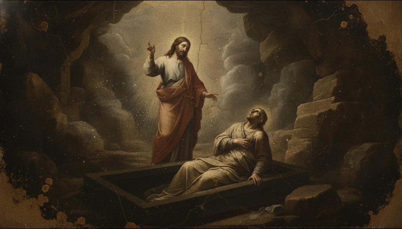 Cristo diante do túmulo de Lázaro, com a mão erguida, chamando o morto de volta à vida